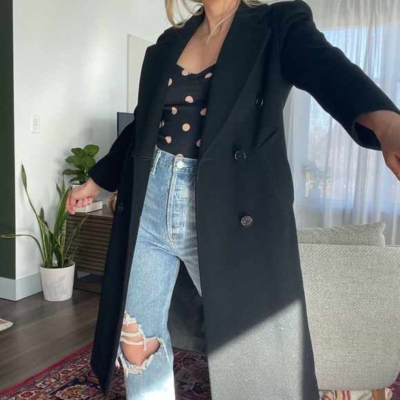 Black Wool Coat Vintage Long Jacket Double Breasted Collared by Jones New York S - Picture 9 of 9